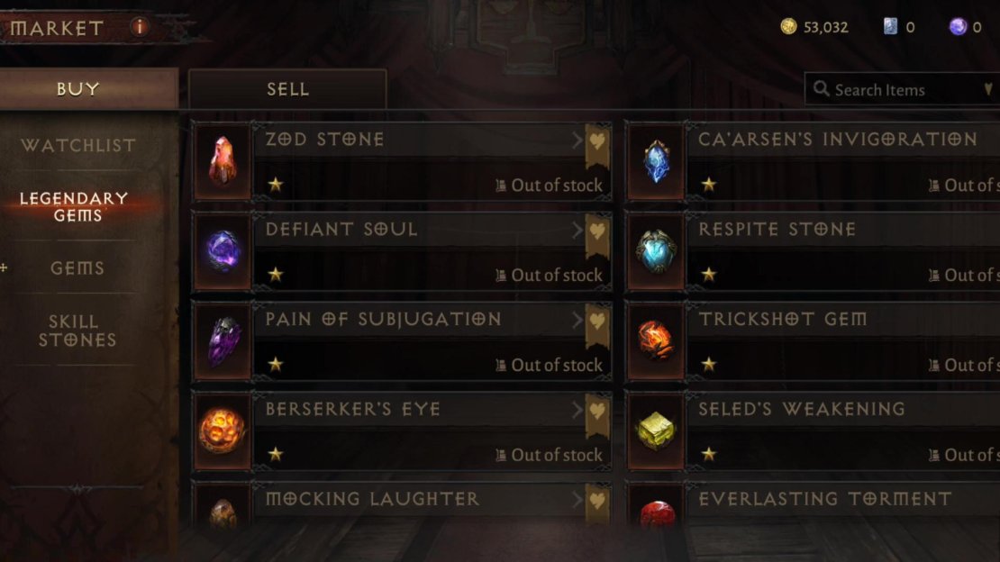 You can buy and sell Legendary Gems, Normal Gems and Skill Stones at the Market.