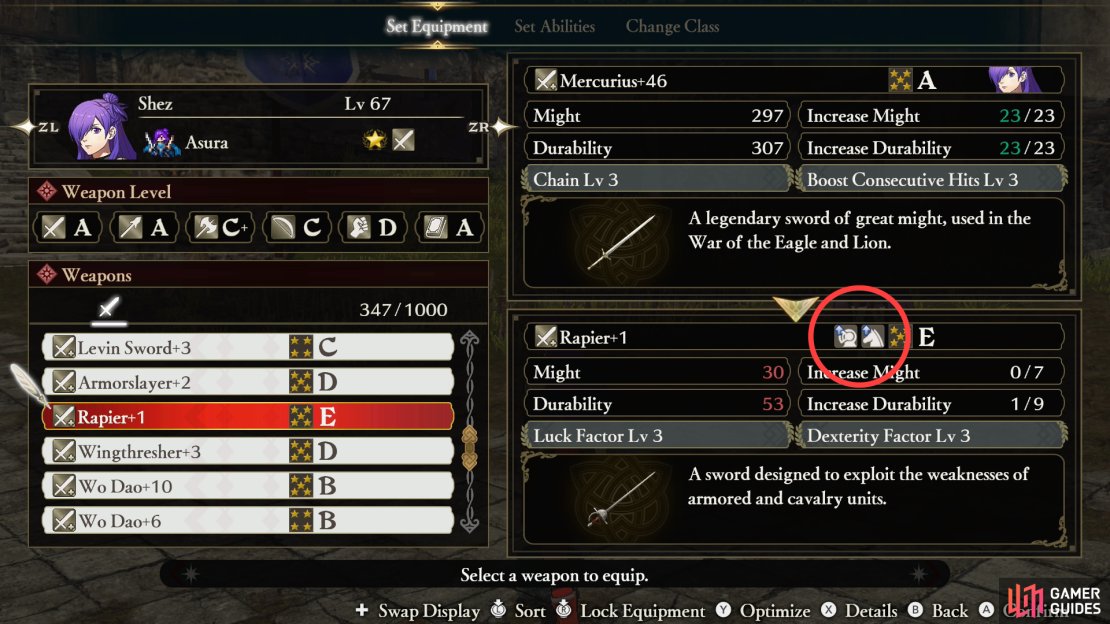 Some specific weapons have bonuses against different types of enemies - the Rapier has advantage against both armored and mounted enemies, for example.
