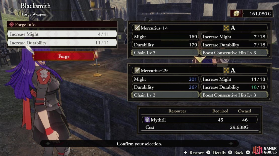 Your focus when upgrading the Blacksmith should revolve around the weapons available - you’ll want to be able to Repair and Forge higher rank weapons as you find them.