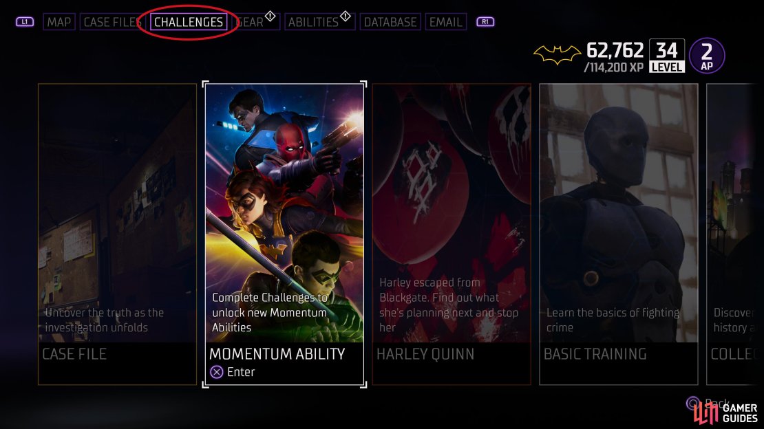 Open the menu, go to Challenges, and find “Momentum Ability” to find out what challenges you have left to do.