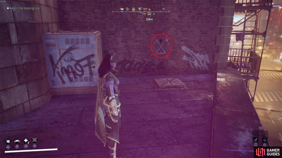 On the lower rooftop of the building near GCN. Look for the pink neon spotlight and it&rsquo;s on a wall nearby.