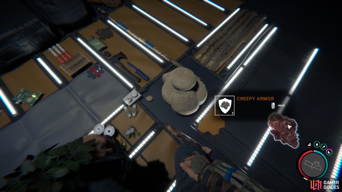 Once you&rsquo;ve crafted the Creepy Armor, equip it with the left mouse button. When equipped, the armor segment will display a pink color.
