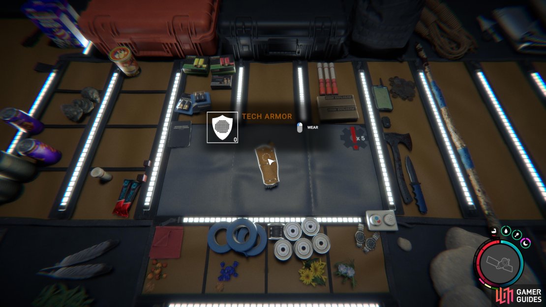 Once you&rsquo;ve crafted the Tech Armor, equip it with the left mouse button. When equipped, the armor segment will display an orange color.