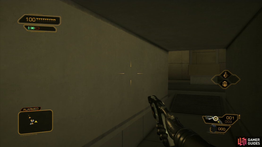 Hiding under the stairs on in the nearby vent are also great ideas, and mean you won’t have to keep cloaking. Optionally, hack the PC before calling the funicular and tune the turret to target enemies. Job done.