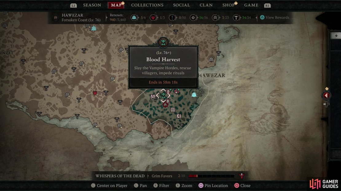 Blood Harvest events are marked on the map by a green color.