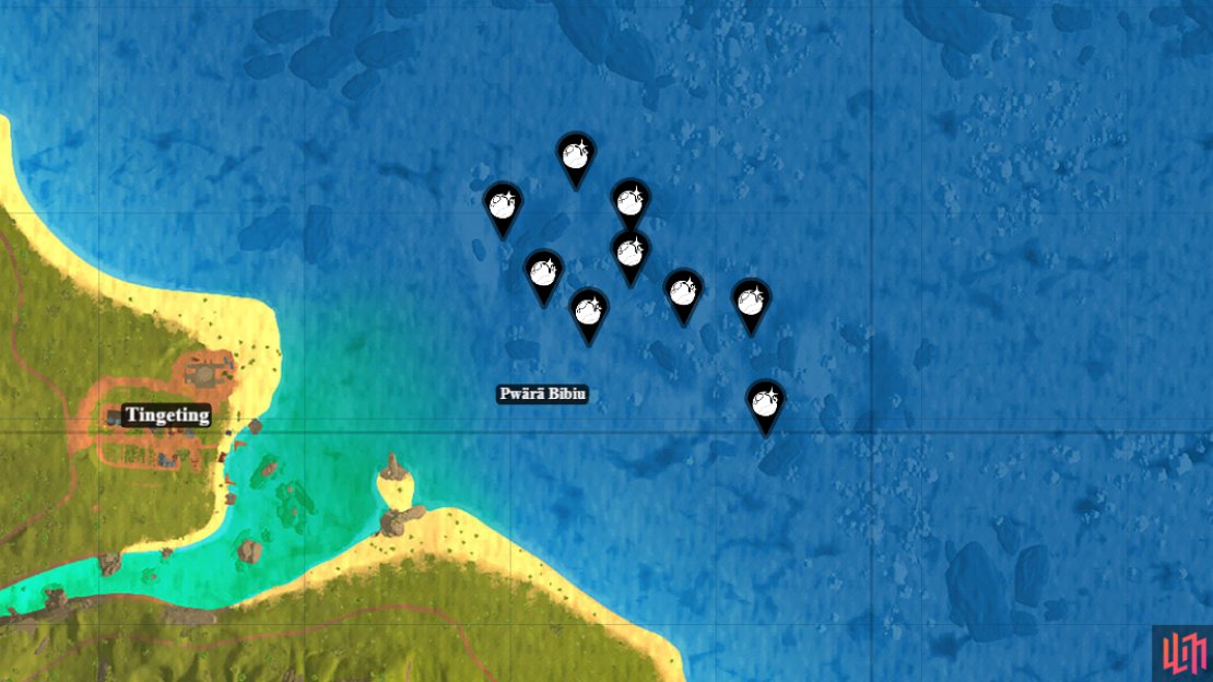 Pwärä Bibiu Clam Pearl locations.
