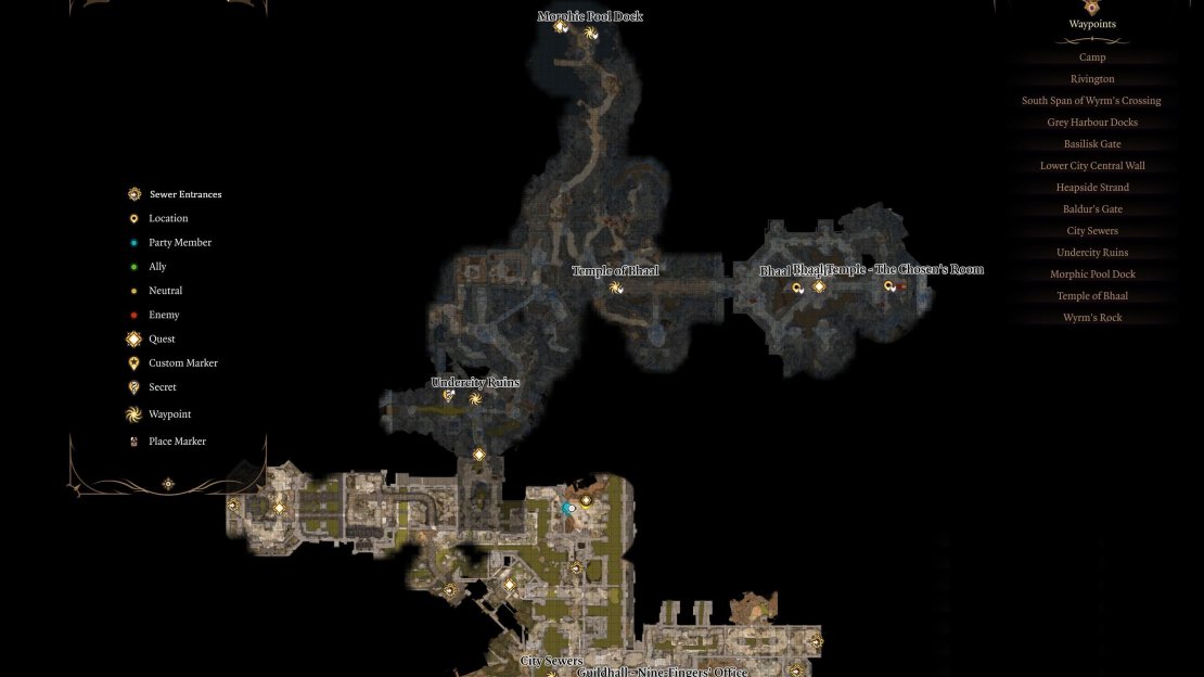A map of the sewer and the Undercity in Baldur’s Gate 3