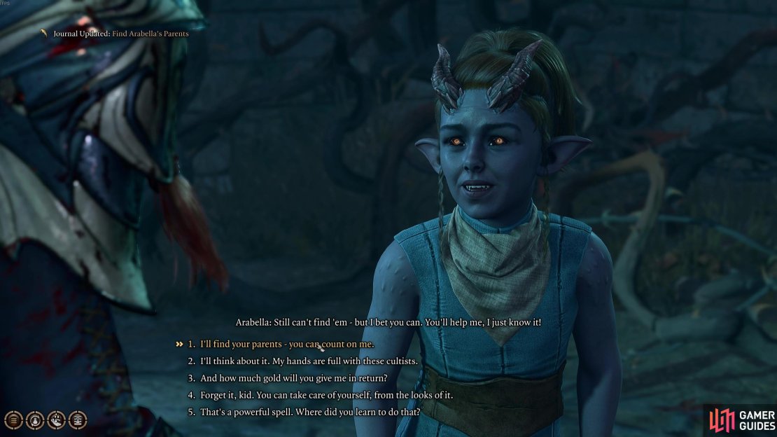 Arabella can be found outside the gates into the graveyard area. She asks you to find her parents.
