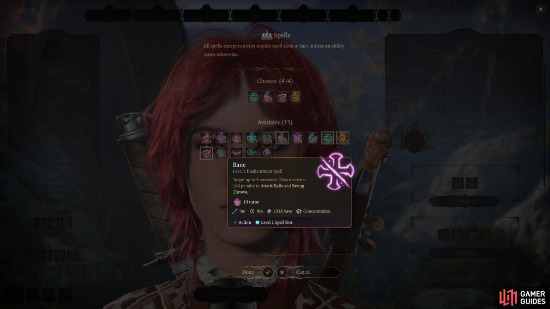 A spell’s info box details its various parameters, including duration, range, radius, Saving Throw, whether it requires Concentration and its casting time.