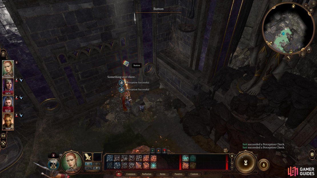 A perception check will reveal a hidden button that opens up a secret door in the wall. 