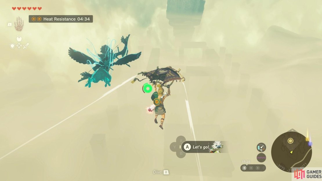 Use the wind tornadoes around the desert to fly up, then locate North Gerudo Ruins. 