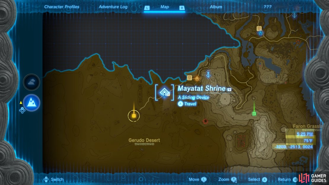 Mayatat Shrine can be found near the Kara Kara Bazaar, midways between the Gerudo Canyon Skyview Tower and Gerudo Town.