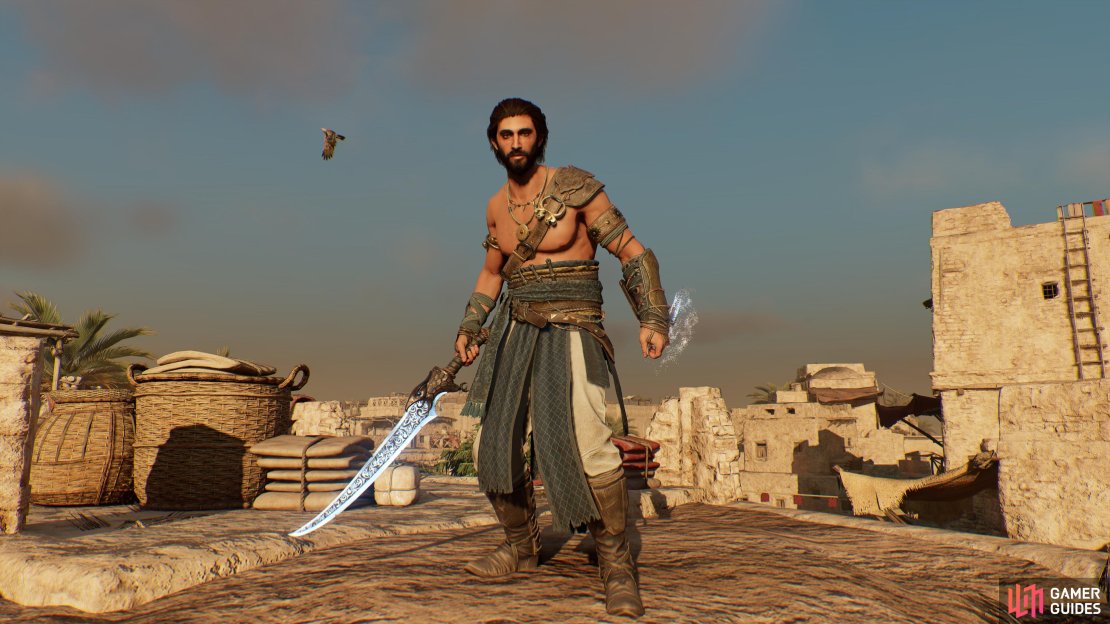 The Prince of Persia-inspired outfit, sword, and dagger in AC Mirage.
