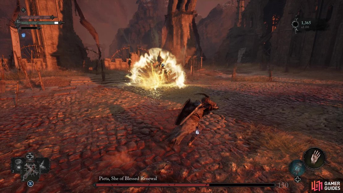 When Pieta gets to 50-60% health, she’ll plunge her sword into the ground. If you’re near her when she does this, you will take damage.
