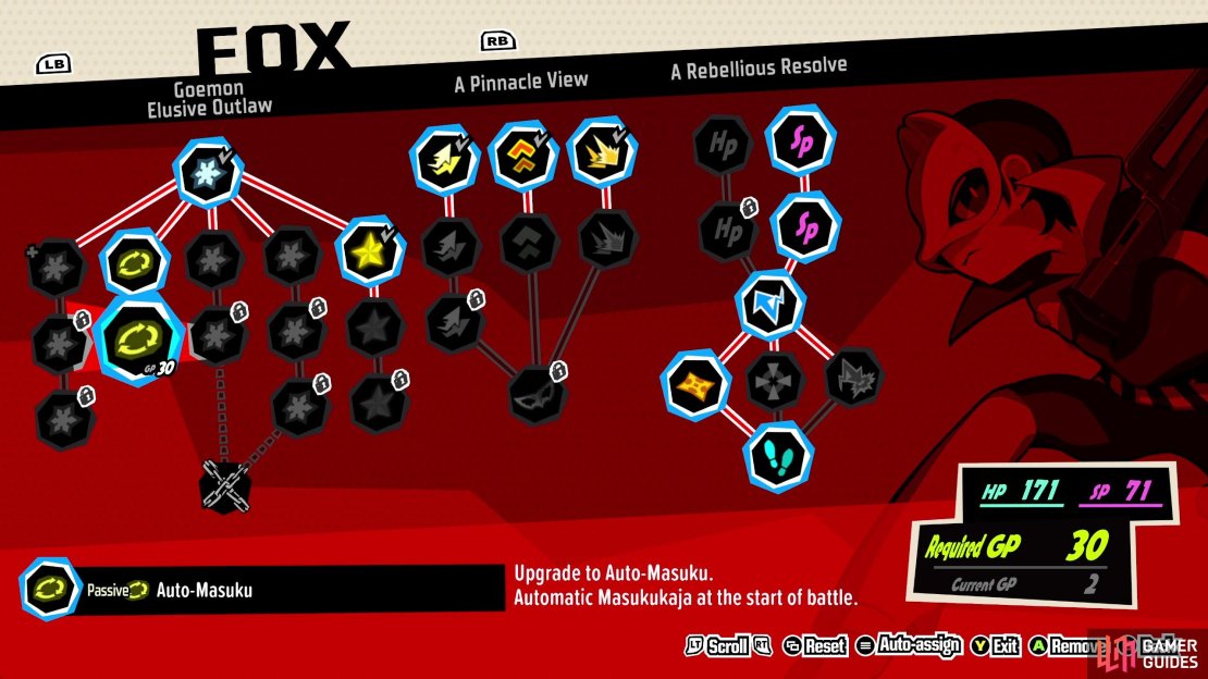 Auto-Masuku gives the entire party the Sukukaja buff at the start of combat, making it the crown jewel of Yusuke’s skill tree.