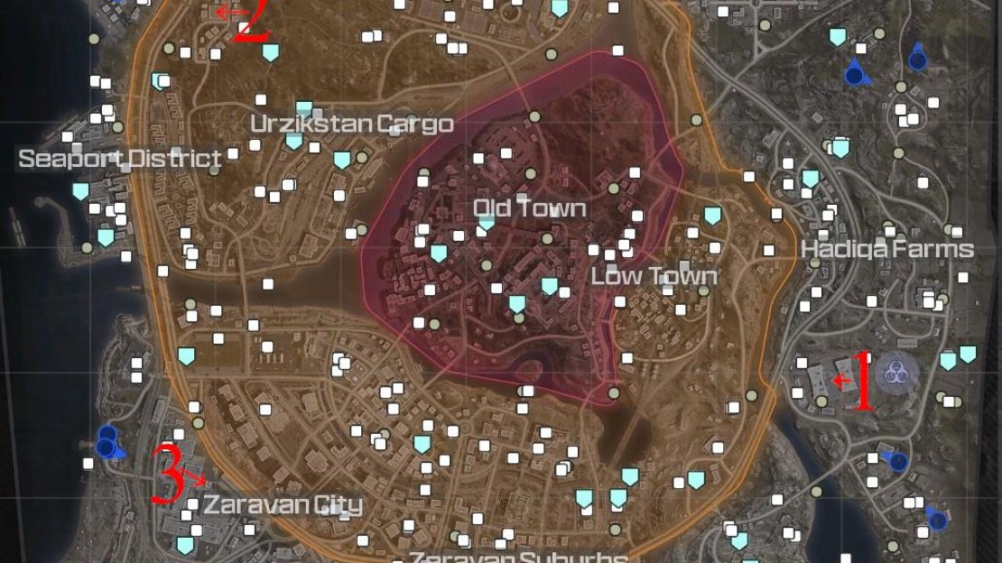 A map detailing the locations of the Essence of Aether objectives in MW3 Zombies mode.