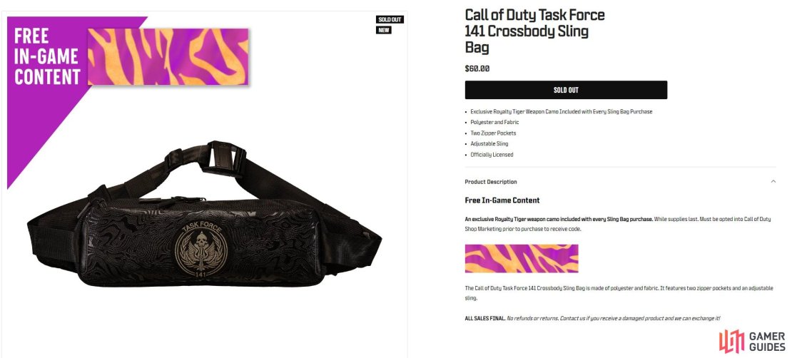 You&rsquo;ll need to purchase the Call of Duty Task Force 141 Crossbody Sling Bag in order to obtain the Royalty Camo. Image via Activision.