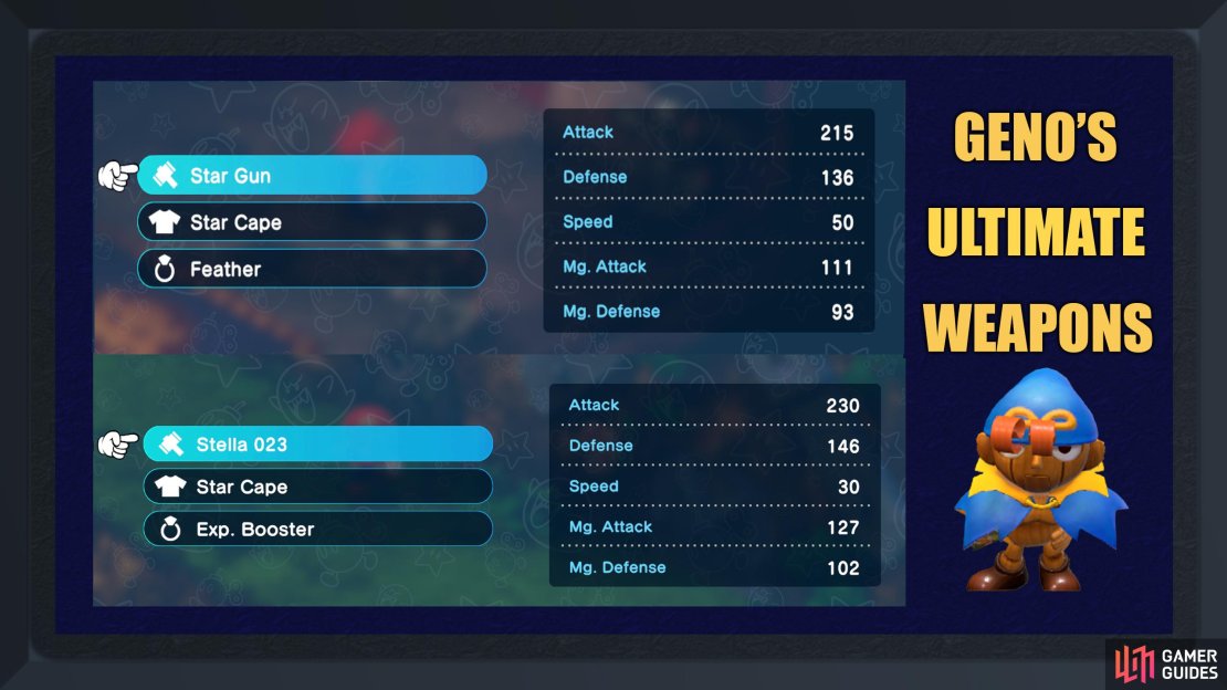 Geno has two best weapons. The first is Star Gun which is found in the main game, and Stella 023 which is only available post-game.