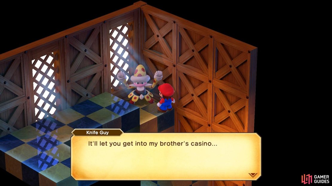 You will need to get the Bright Card from Knife Guy to get into Crate Guy’s Casino.