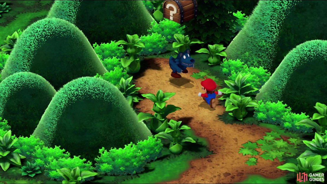 Defeat a K-9 enemy under a chest so you can score a free mushroom, which will fully restore your HP and FP.