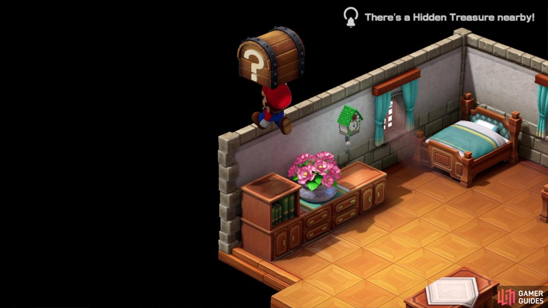 Enter the inn, head upstairs, and jump on a bookshelf to find a hidden treasure.