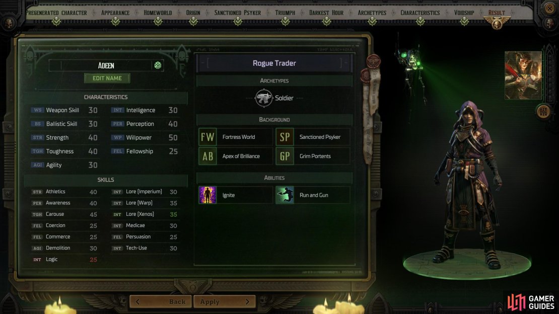 Set your characteristics, origins, and homeworld like this, and you’re ready to start your Rogue Trader Psyker Build, focusing on Pyromancy.