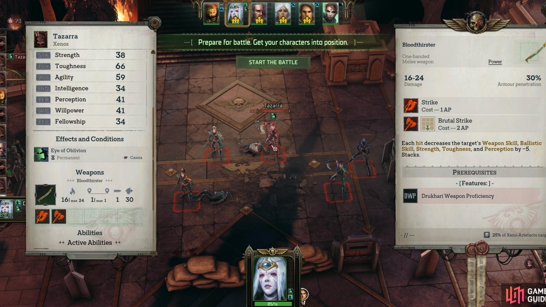 Tazarra wields Bloodthirster, a powerful Drukhari one-handed melee weapon that debuffs its target with every strike.