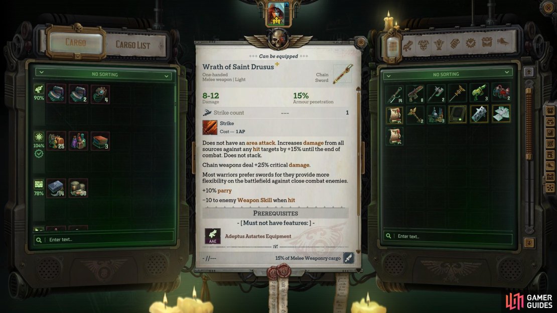 The Wrath of Saint Drusus deals more damage and armor penetration than standard Chainswords, but sacrifices an AoE “Cleave” attack for a linger debuff it afflicts.