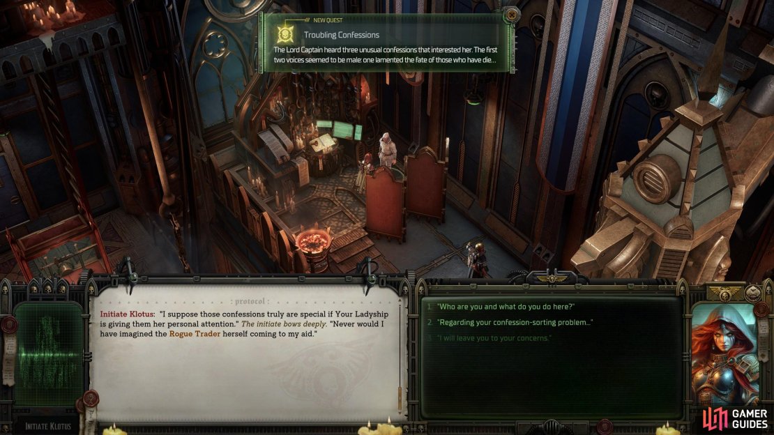 Talk to Initiate Klotus in the Voidship Shrine to start &ldquo;Troubling Confessions&rdquo;.