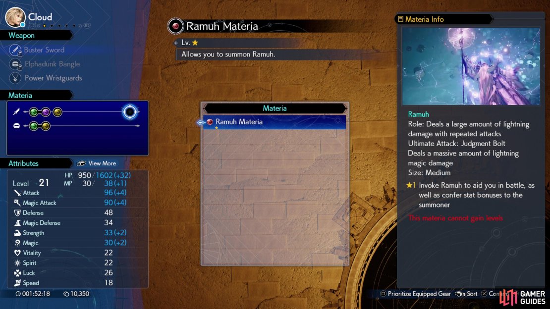 Summon materia (red) is unreliable, but it takes up an exclusive materia socket, so there’s no harm in keeping one equipped on each character.