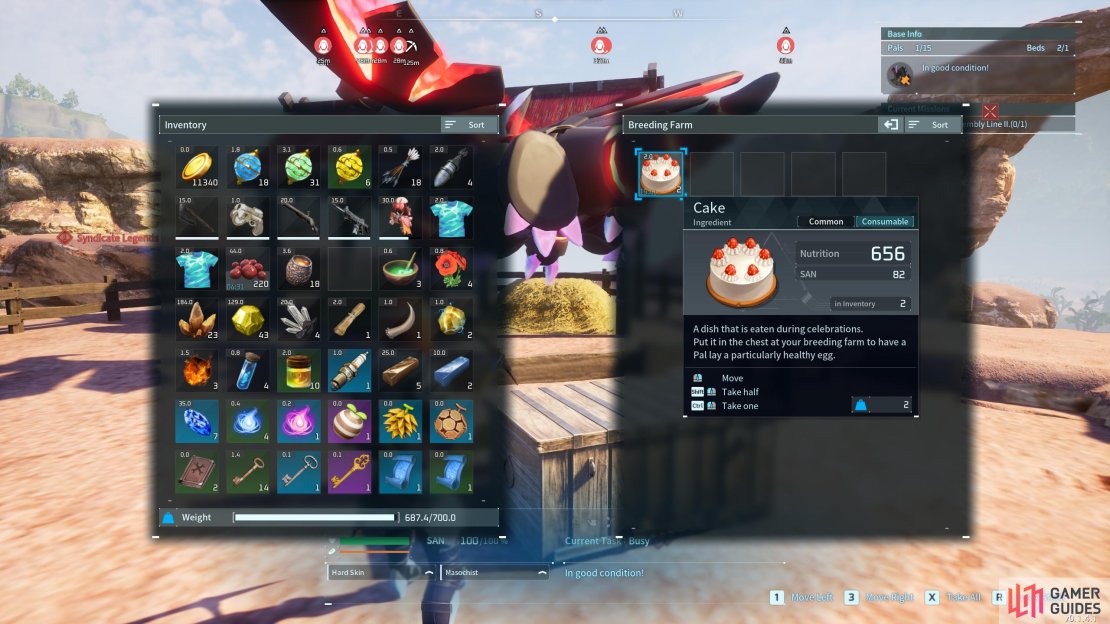 Once the cake has been baked, place it in the chest that is joined to the breeding farm.