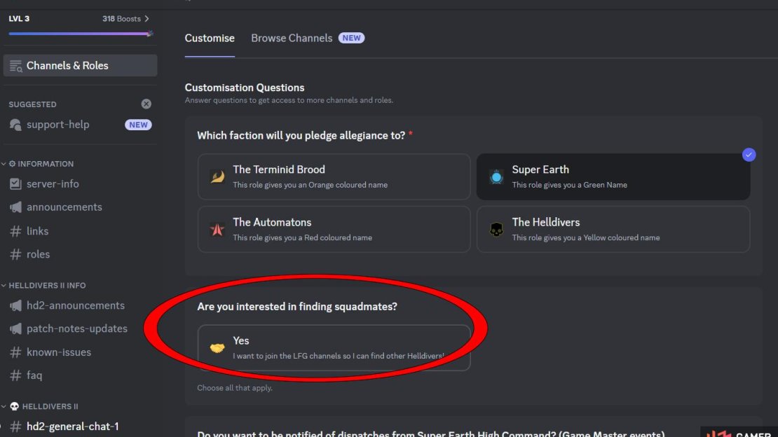 Select “Yes” to signal that you’re interested in finding squadmates in the Helldivers 2 Discord to add the LFG channels.