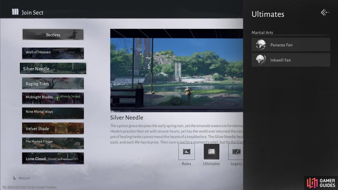 One of the ways you can unlock weapons is by joining a Sect that a Sect specializes in. Image via Gamer Guides / NetEase.
