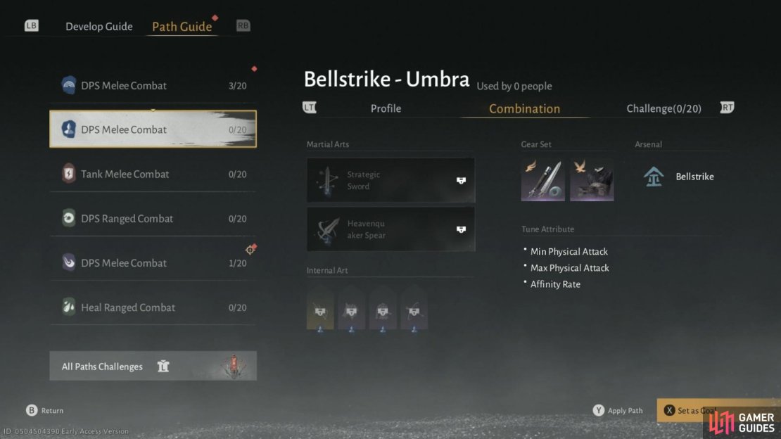 This menu allows you to easily target the weapon, set bonuses and even passive martial art skills you need to maximize your build for most weapon combos in Where Winds Meet. Image via Gamer Guides / NetEase.
