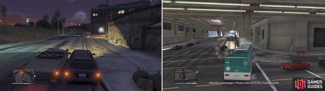 This is the target&rsquo;s car so keep an eye out for it (left). See the yellow bike flying in the air? The target is underneath the bus&rsquo;s wheels (right).