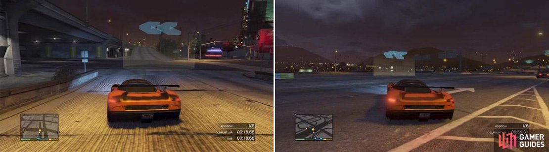 Look out for this corner. It can catch you by surprise (left). You must slow down drastically to make this checkpoint. Or use Franklin&rsquo;s special (right).