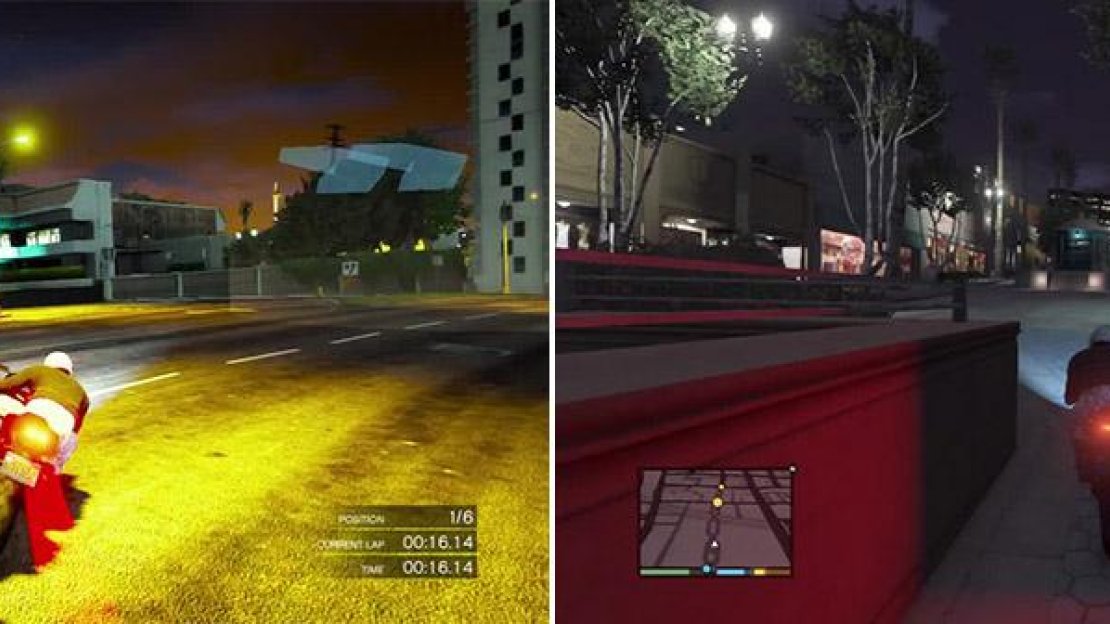 You can easily miss this checkpoint unless you take a wide angle or use Franklin’s ability (left). This avenue is pretty hard to pass through at high speed. Stay on the left to avoid the trees (right).