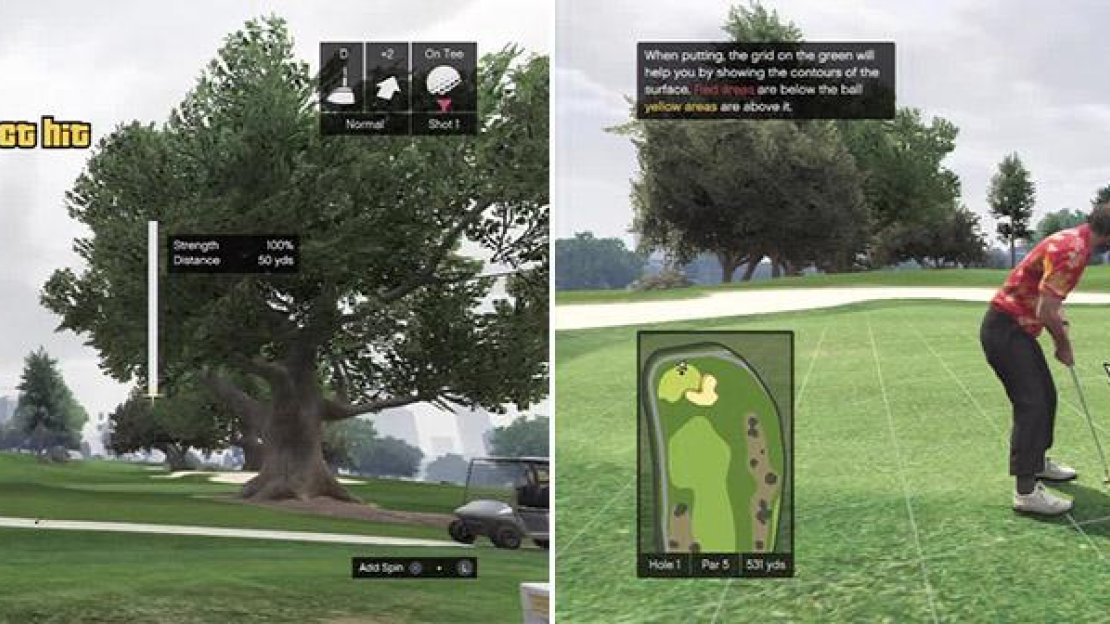 If you can stop the bar perfectly on the yellow, you can get a perfect hit and the ball will go as far as possible (left). The grid is not just there for show. Depending on the gradient, the grid will be coloured differently to help you decide how to hit the putt (right).