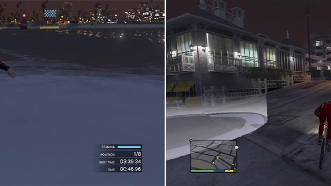 You do not need to go flat out to be in first place during this section. The swimming part is very small anyway (left). You can really cut corners and still hit the checkpoints so always bear that in mind (right).