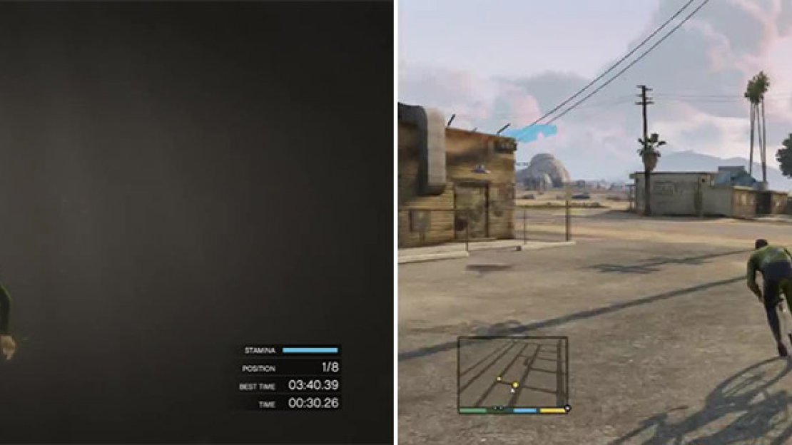 Swimming underwater has the added benefit of avoiding surface drag so you can gain on your opponents (left). Take a very tight line to the left of this telephone pole to shave off a few more seconds (right).