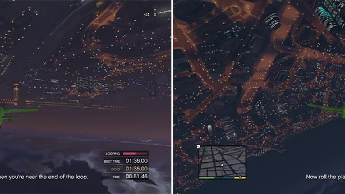 Keep a watchful eye on the stunt meter as you do the loop. You must keep it going until Jackson tells you to level out (left). Watch the stunt meter to know exactly when you’re fully inverted and then simply do a barrel roll from this position to execute the roll off the top successfully (right).