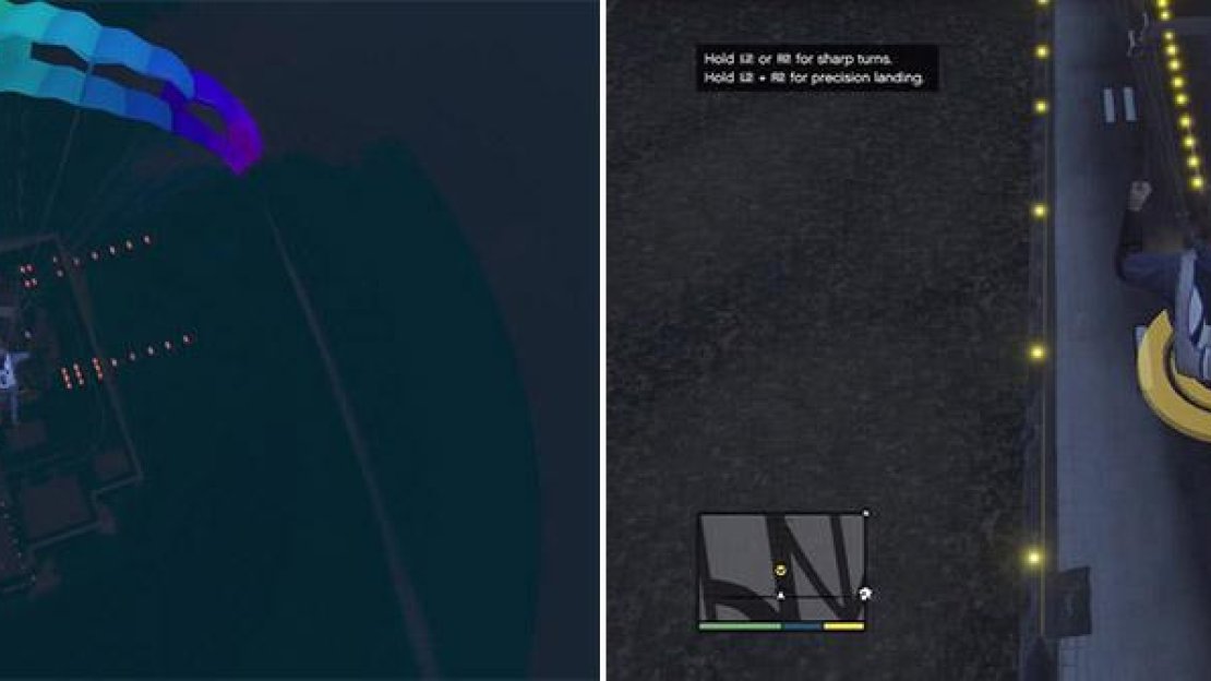Circling above the truck is an option if you don’t fancy risking a botched landing (left). Match the truck’s speed by alternating between precision mode and normal mode. Pull back on the control stick to elevate you a little longer as well (right).