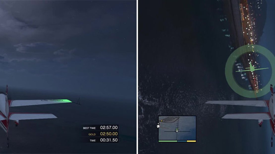 Notice the green checkpoint in the distance? That is a knife flight gate. You must look ahead so you can see what is coming next (left). The symbol inside the checkpoint will tell you which direction is best for the stunt (right).
