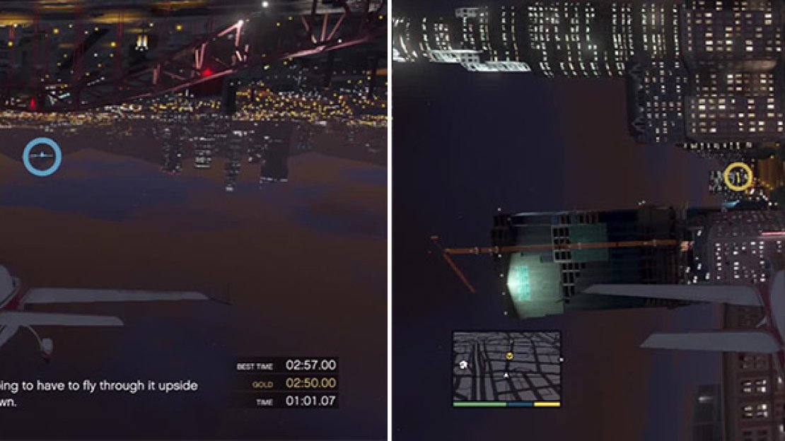 Invert the plane well in advance of the gate so you can get the right height to pass through it. If you really struggle, just do a barrel roll as you pass through it instead (left). If you feel like showing off or just really like knifing, you can knife between the skyscrapers and through the next few checkpoints like this (right).
