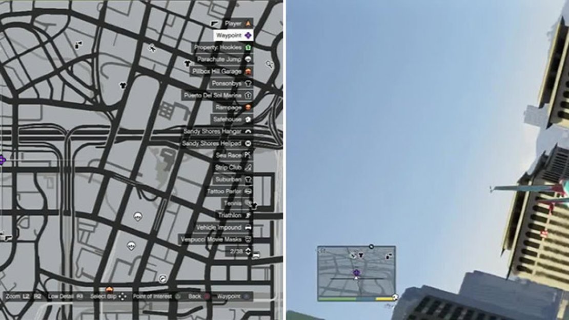 Fly between the two identical LomBank buildings.