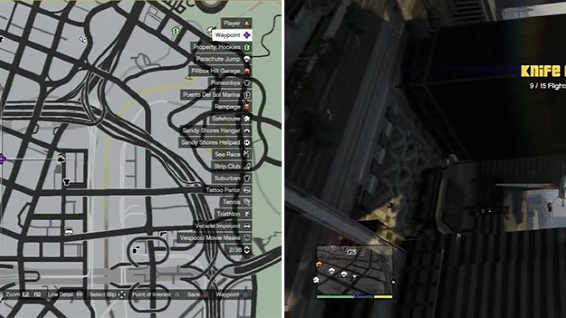 Pass through the IAA buildings and keep going on the same trajectory, past the Maze Bank and Union Depository and between the Multi-story garages for this knife. Stay on the same trajectory for the next knife flight.