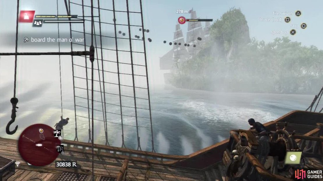 You can make things easier by keeping an island between you and the Man O’ War. It is also best to close in on the ship when it is not facing you broadside on. Unleash Heavy Shot in those moments and you will win out.