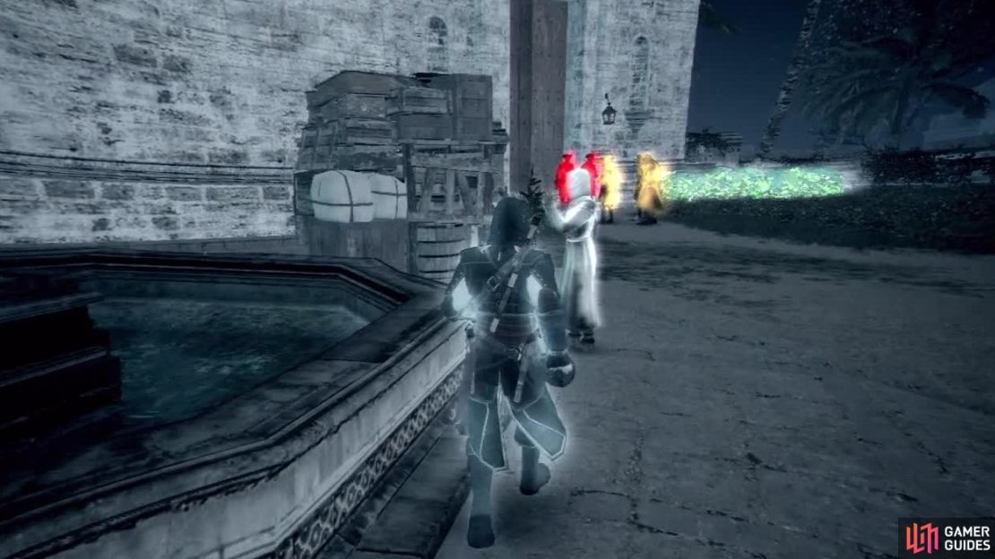 Here is the ground view of the targets. You can see the fountain on the left. Use that as a landmark when approaching from the rooftops.