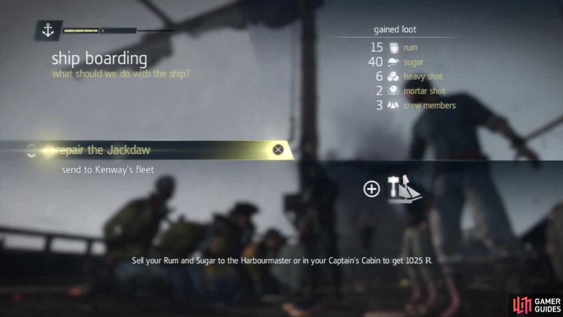 If you find yourself low on ship health, take out the enemy ship, board it and select “repair the Jackdaw” once you have taken the ship.