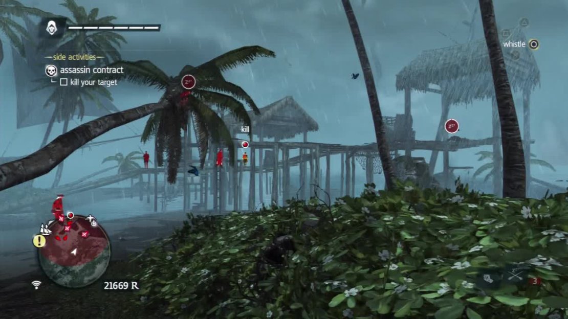 If you put the Gunners to sleep, you can rush to the water and swim around to the dock where the target is patrolling. Climb up when no one’s looking and kill him.